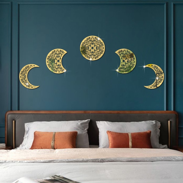 5 st 3D månfas dekorativ väggdekal Hemdekoration Vardagsrum konstdekal Gold
