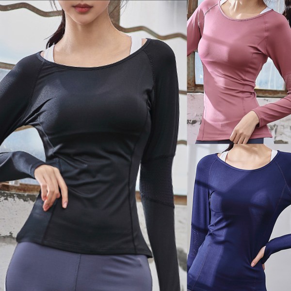 Långärmade sportlöpartröjor för kvinnor med tumhål Fitness T-shirt för träning Gym Träning Yoga Black S
