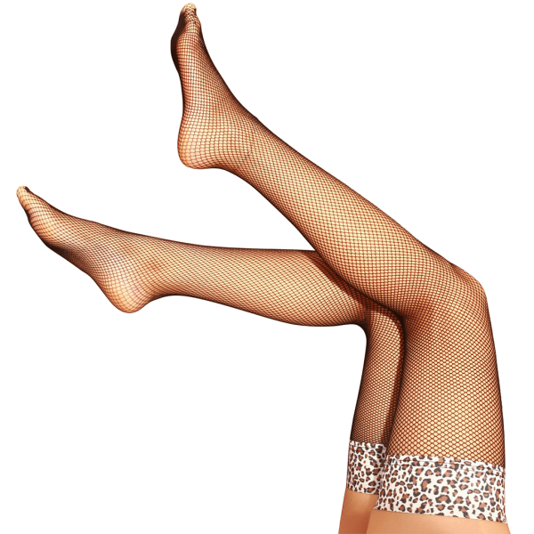 Erotiskt ihåligt mesh för kvinnor, lång strumpa, bred leopardpatchworktopp över knä, lår, hög strumpa med fotunderkläder