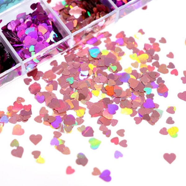 12 rutnät/låda 5 mm 3D Shiny Love Heart Paljetter Manikyrpaletter för form Holografiska glitterflingor