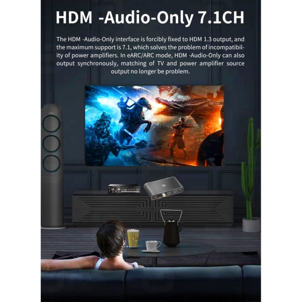 8k HDMI2.0b Audio Extractor 2 In 1 Out Switcher eARC Splitter 7.1CH DSTHD AUX Koaxial Optisk DAC-avkodning CEC HDCP US
