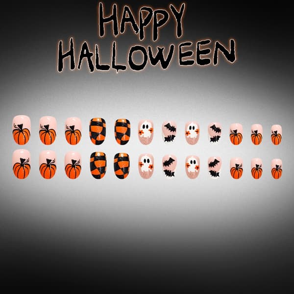 Halloween Pumpa Fladdermus Press On Manikyr 24 st Oval Set för Feststyling