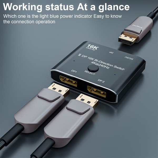 4K@240Hz DisplayPort 2X1 Videoväxlare, Stöder 16K 4K240Hz Tvåriktad