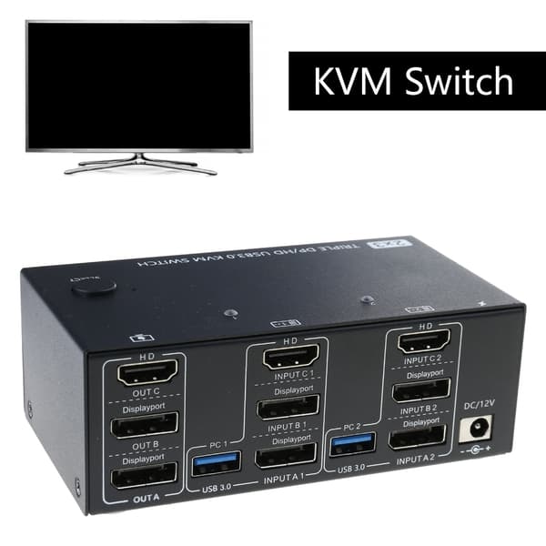 Triples skærme KVM-switcher HDTV USB3.0 til dobbelt PC 3 skærme