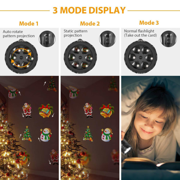 Julprojektorljus LED-ficklampa med dynamiska statiska bilder 12 diabilder