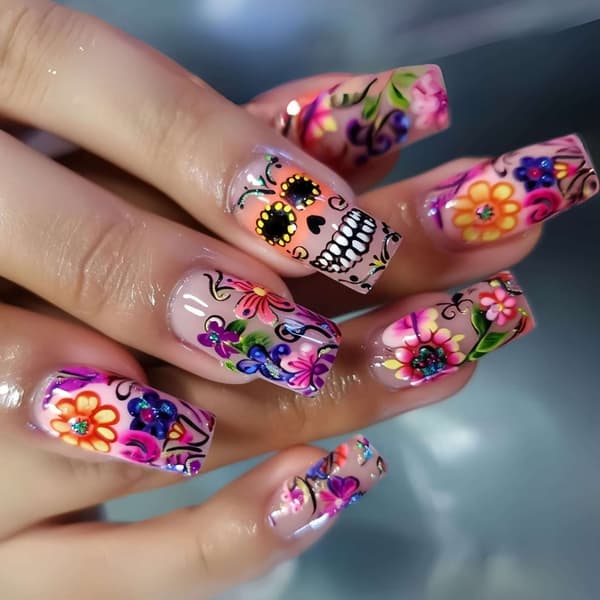 Blomstret Halloween Press On Manicure Sæt til Temafest-looks
