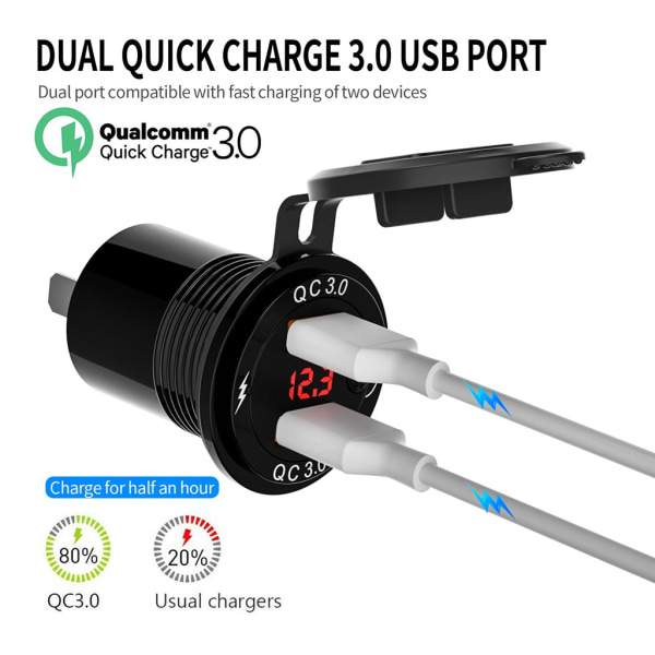 3,4A superladdare snabbladdning med mekanisk strömbrytare QC3.0 Auto Dual USB Digital laddare Spänningsdisplay Biladapter A