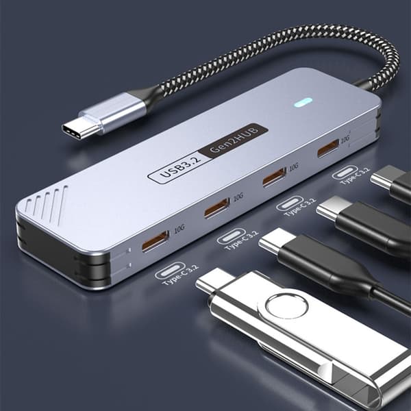 USB C-splitter i aluminiumlegering, 4 portar, 10 Gbps snabb hastighet för digitala enheter