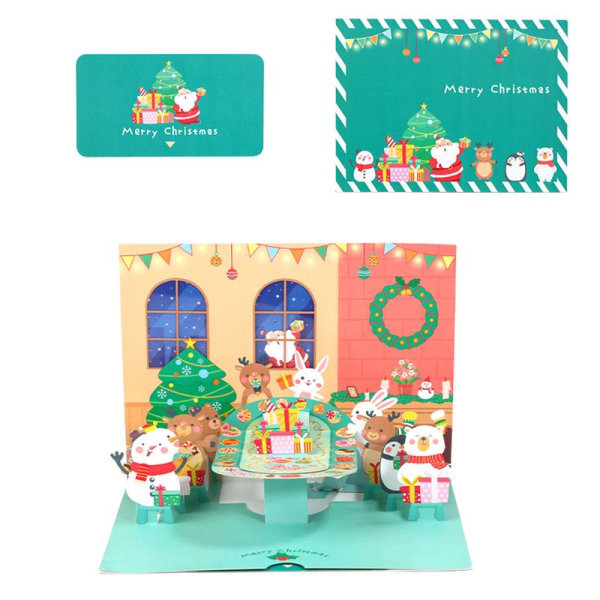 3-D för pop up julkort Roterande julmiddagskort Härlig tecknad design God jul gratulationskort Presentkort