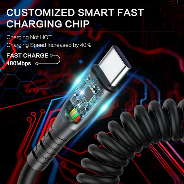 Snabbladdning USB C Typ C-kabel lindad indragbar telefonladdarsladd för telefoner Pads Höghastighetsdataöverföring