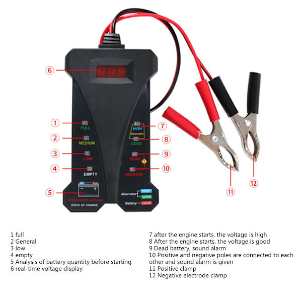 Högprecisions 12V batterigeneratortestare Digital batteridetektorer LED-indikator Exakt bildiagnosverktyg