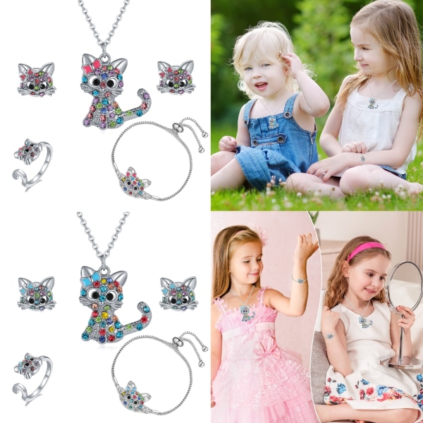 Lovely Rainbow Rhinestones Cat Smycken Set För tjejer Hänge Halsband Armband Ring Örhängen Smycken Present till dottern Blue