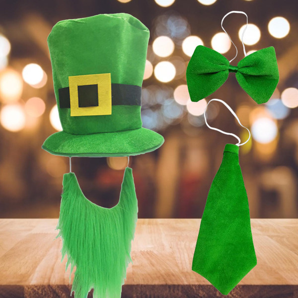 Saint Patricks Day Cosplay kostym Set Top Hat med skägg grön fluga slips