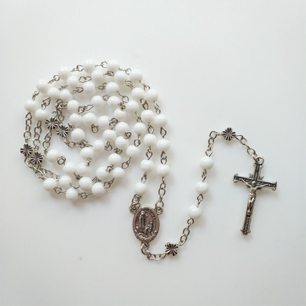 Vintage White Religion for Cross Rosenkrans Halsband Hängande hänge för kvinnor Män Ber Meditation Presentmaterial