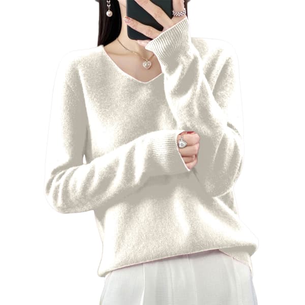 Dam V-ringad stickad tröja Casual lös långärmad pullover Jumper Toppar White XL