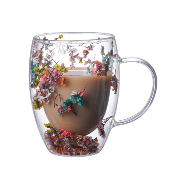 Ny dubbelvägg glasmugg kopp med torra blommor havssniglar Conchs glitterfyllningar för kaffe juice mjölk härlig present 1