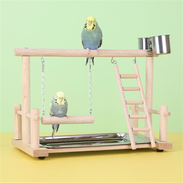 Fågel Abborre Trä Stativ Leksak Papegojor Lekställ för parakiter Cockatiel Conure med matningskoppar Stege Gungleksak