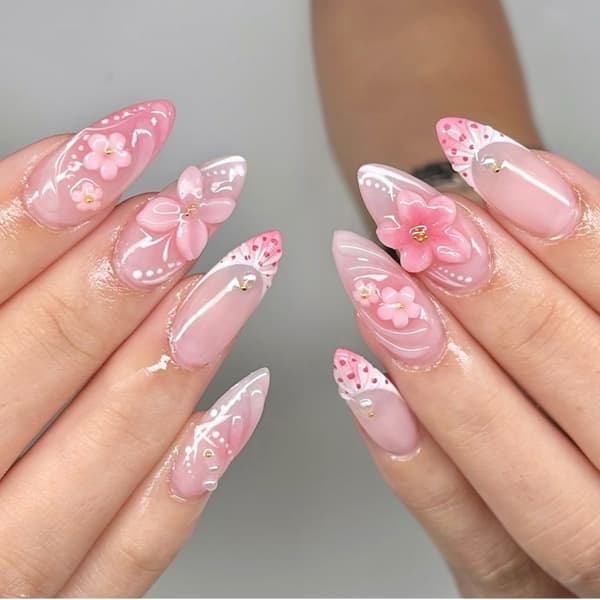 1 sæt lyserød gradient 3D sommerfugl blomsterdesign kunstig negl let at påføre
