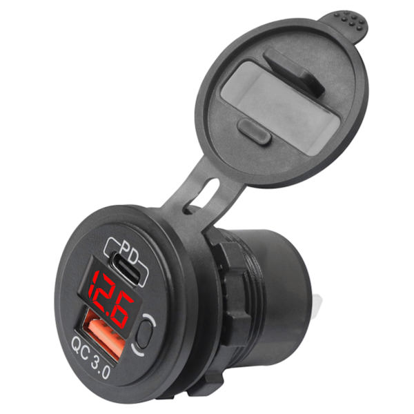 12V/24V USB C Autolaturi QC3.0 PD Pikalataus Virtapistokesovitin Volttimittarilla Autoihin Veneisiin Kuorma-autoihin
