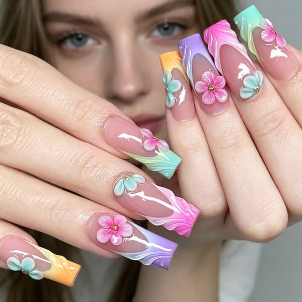 Press On Manicure Sæt Fransk Tip Gradient med 3D Blomst, 24 stk.
