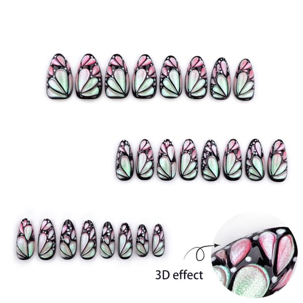 Mandelformede press-on-negler med 3D-sommerfugldekor, middels lengde, 24 stk.