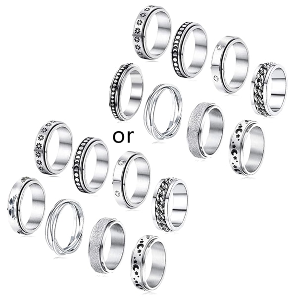 8 delar rostfritt stål fidget ring svängbar ring blommåne Cool ångest ring stress relief bröllopslöfte ring set null - 6