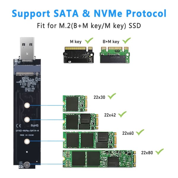To Protokol M.2 SSD til USB 3.2 Konvertere Til 2230 2242 2260 2280 SSD'er