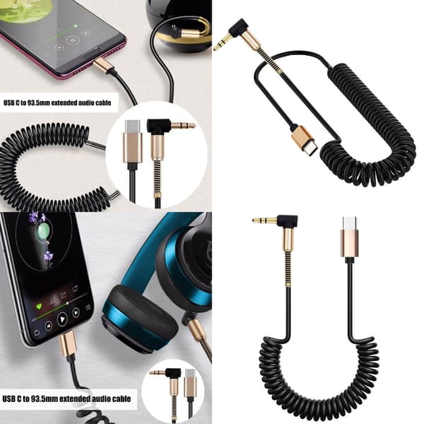 USB C til 3,5 mm spiralkabel for bilstereo, 1,8 meter forlengelseskabel