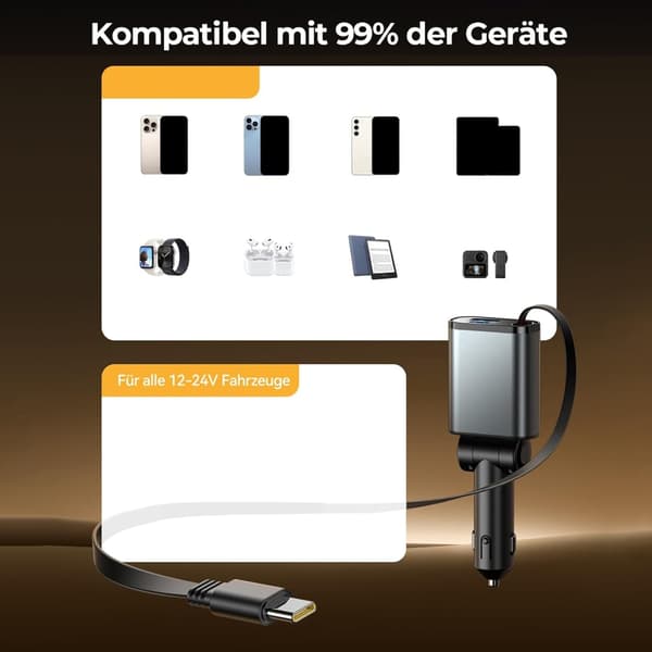3 i 1 Billadere med USB C-blinking og liten USB for effektiv lading