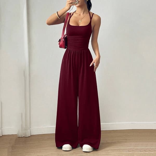 Fritidsjumpsuit til kvinder med stropper, bredbenede, baggy bukser, heldragt Claret XL