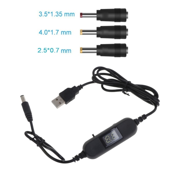 USB 5V till 1,5V 3V 4,5V 6V 7,5V 9V 12V 2,5mm/3,5mm/4,0mm/5,5mm Justerbar spänningskabel med LED-display för leksaksspel