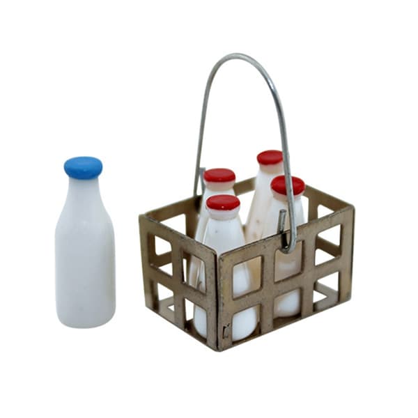 5 st miniatyrmjölkflaskor med korgset för 1/12 skala dockhusscenvisning