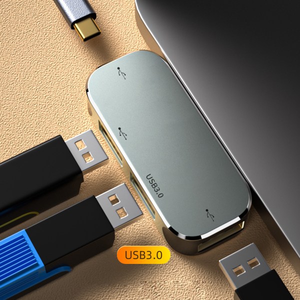 USB nav typ C-adapter 4 i 1 bärbart utrymme aluminiumlegering 1x3.0+2x2.0 USB typ C-portar för telefon PC Notebook Extender