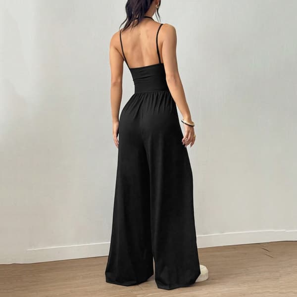 Fritidsjumpsuit til kvinder med stropper, bredbenede, baggy bukser, heldragt black M