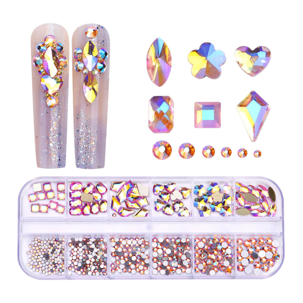 700 stk. Glitter 3D Rhinestones Flat Back Skinnende Steiner Neglekunst Dekorasjon Blandede Størrelser Negleperler Krystall Strass Tilbehør