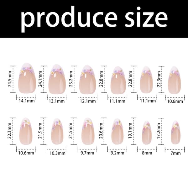 Blomstret fransk press-on manicure sæt, mandelformede bløde lyserøde harpiksstykker