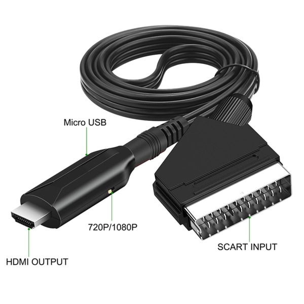 Scart till HDMI-kompatibel omvandlare med 1 m kabel, Scart in HDMI-kompatibel ut 720P/1080P Switch AV Adapter för HDTV