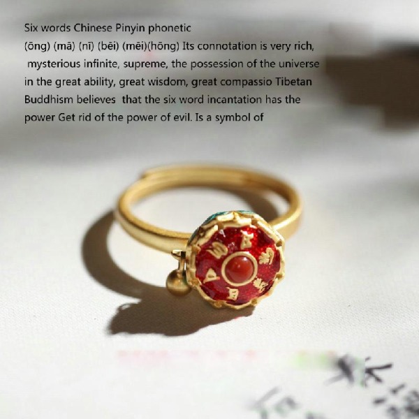 Buddhism Lotus Rings Open Justerbar OM Mantra Finger Ring Buddhism Lotus Rings Tibetansk Bön Hjul Ring för Kvinnor Män