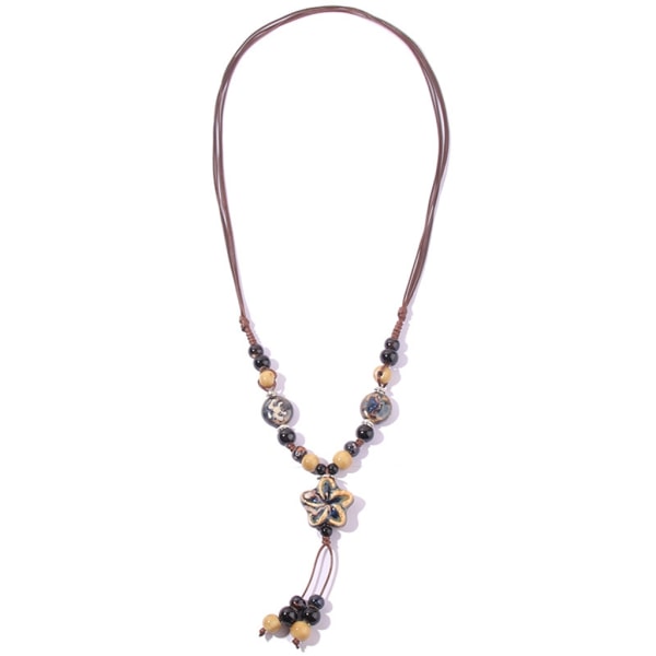 Mode Etniska smycken Vävvax Rep Keramik Halsband Keramik Pärlor Hänge Långt halsband Traditionella prydnader A