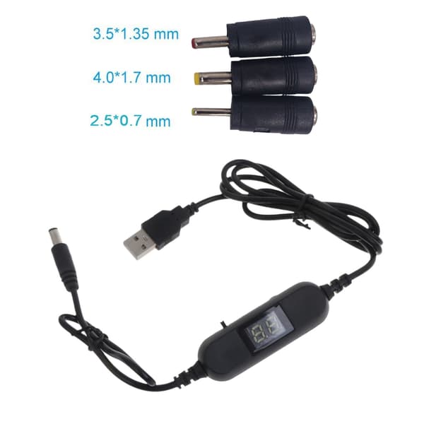 USB5V til 1.5V-12V 2.5mm/3.5mm/4.0mm/5.5mm Justerbart spændingskabel m/LED-display