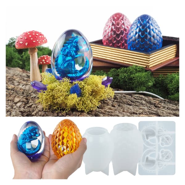 Draksäggsharts Silikonform med USB-driven träbelysningsbasstativ Scaled Dragon Egg