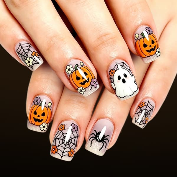 Manikyrsett med Halloween-tema med gresskar- og spindelvevdesign
