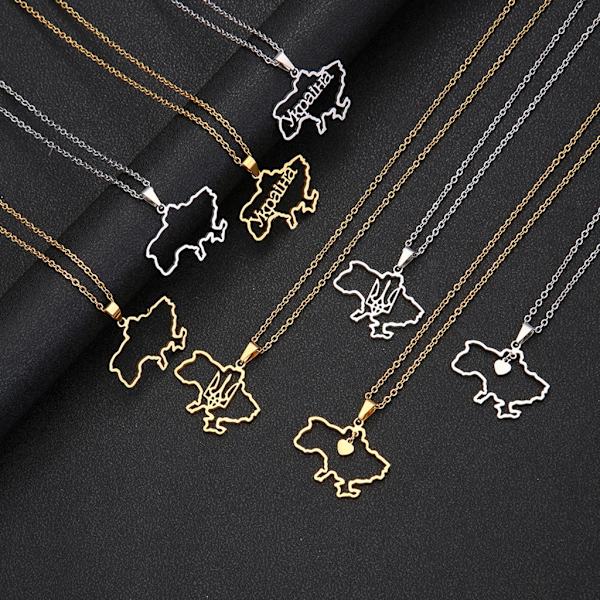 Ukraina Karta Hänge Halsband för män Kvinnor Rostfritt stål Guld Silver Choker Ukraina Kontur Hjärta Flagga Smycken Present Silver - A