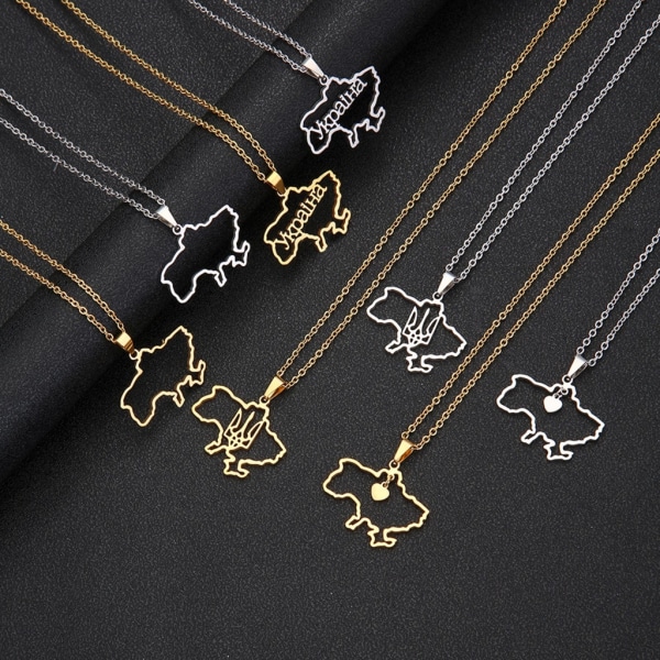 Ukraina Karta Hänge Halsband för män Kvinnor Rostfritt stål Guld Silver Choker Ukraina Kontur Hjärta Flagga Smycken Present Silver - D