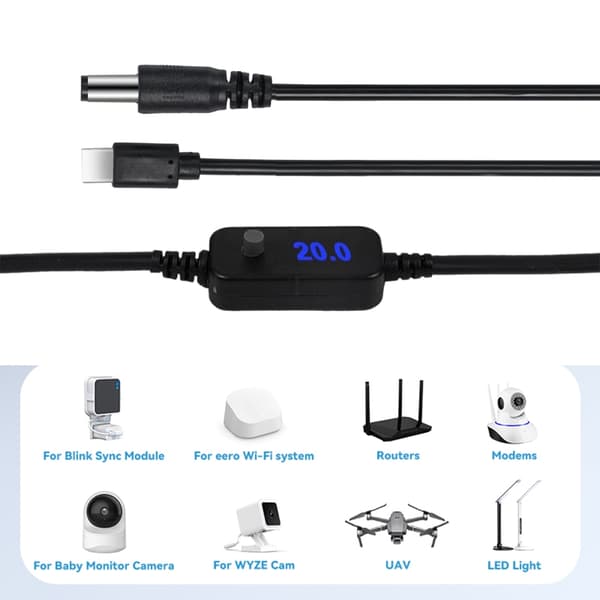 USB C til 5.5x2.5mm 5V 9V 12V 15V 20V Justerbart Kabel Strømadapterkabel