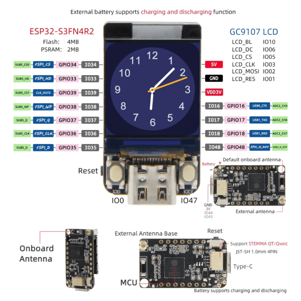 T-QT ESP32S3 GC9A01 0,85-tums LCD-skärmsmodul WIFI Bluetooth-kompatibel Fullfärgs IPS-skärm 128x128 pixlar S3FN4R2