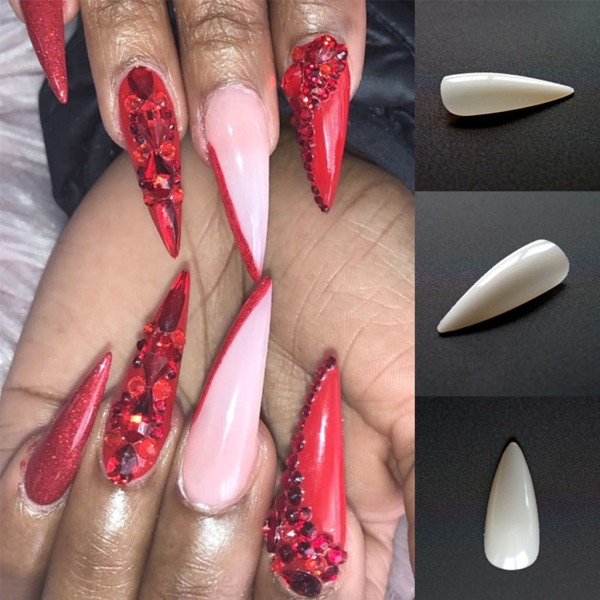 Falska naglar Naturlig ren färg Lång stilettmandelpress på nageln falska tips konstgjorda fingermanikyr för kvinnor flickor