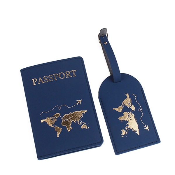Mode Rese Pass Cover Pu Läder Print Bagagelapp Resväska Adresshållare Bagage Boarding Tag Etikett Deep Blue  2 piece set