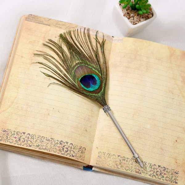 Vintage Quill Dip Peacock Feather Pen Reservoarpennor Kalligrafi skrivtillbehör