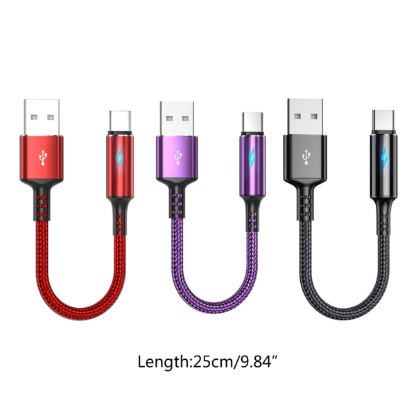 Kompakt USB C till USB A Laddnings- och datakabel 2,4A laddarsladd Tråd 25 cm kort sladd, material av nylon och aluminiumlegering Black